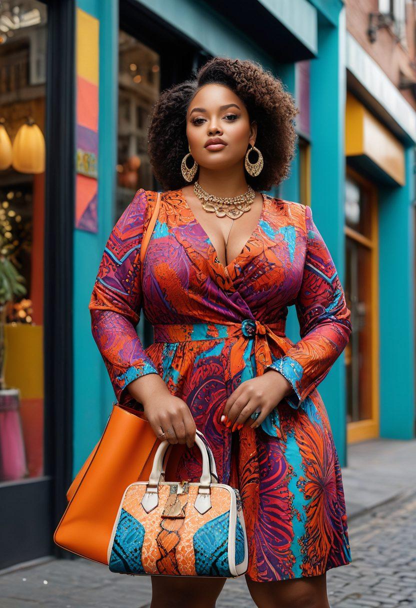 A confident curvy woman in a stylish outfit, showcasing vibrant colors and trendy patterns, standing in a chic urban environment. Accessories like a fashionable handbag and bold jewelry complement her look, while a backdrop of fashion boutiques adds to the ambiance. The scene should convey empowerment and confidence, inviting viewers into a world of fashion possibilities. super-realistic. vibrant colors. urban setting.