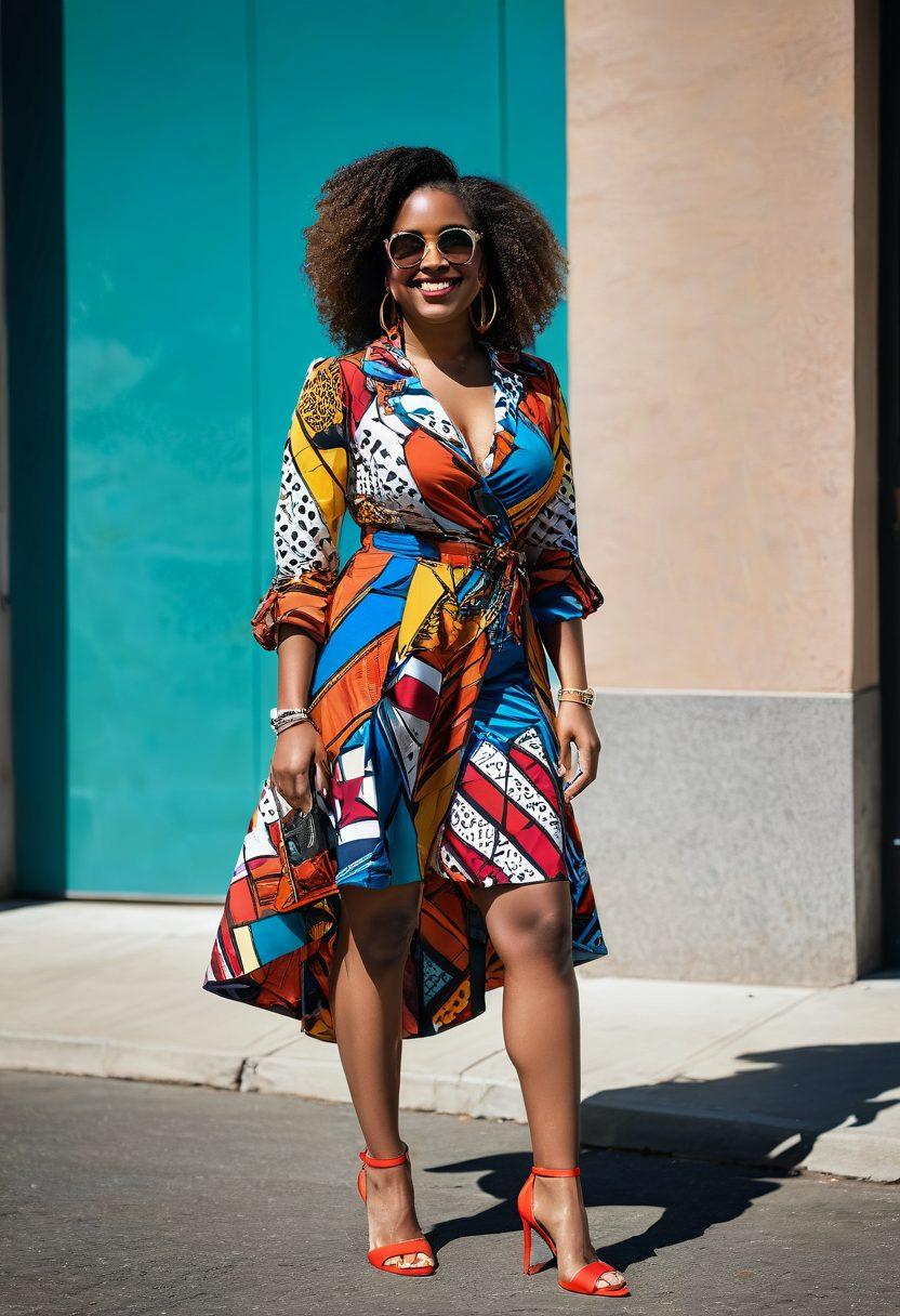 A confident woman with an exaggerated hourglass figure, showcasing a variety of empowering fashion styles, such as bold patterns and vibrant colors. She stands in a lively urban setting, surrounded by positive words like 'Empower', 'Celebrate', and 'Curves'. The atmosphere exudes joy and confidence, with bright sunlight illuminating her smile. Add playful accessories like oversized sunglasses and colorful heels. vibrant colors. urban style. super-realistic.