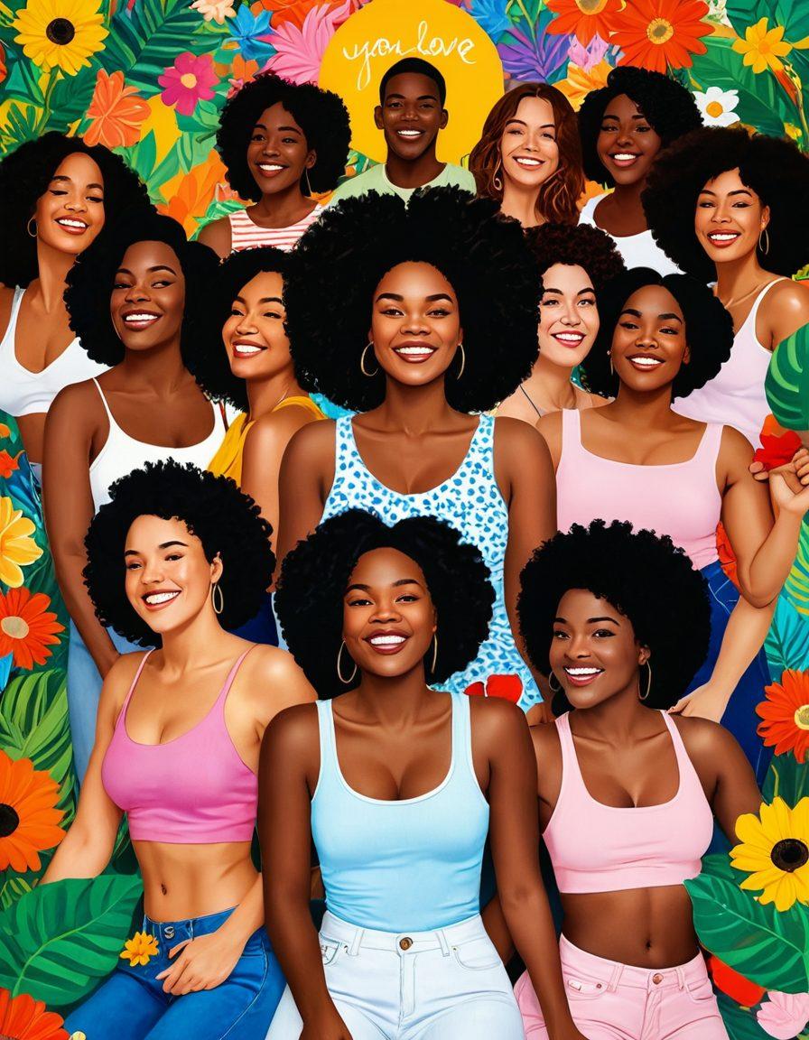 A vibrant scene of a diverse group of people of different body types celebrating self-love, surrounded by uplifting affirmations and colorful art. Incorporate elements of celebrity culture like magazine covers in the background but emphasize everyday empowerment through joyful expressions and interactions. Include lush greenery and bright flowers to represent growth and positivity. super-realistic. vibrant colors.